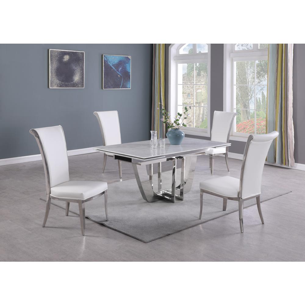 Contemporary Dining Set w/ Extendable Carrara Marble Table & 4 Chairs. Picture 1