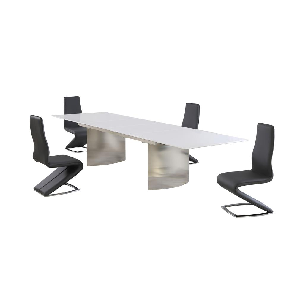 Dining Set w/ Contemporary Extendable White Table & Modern Black Chairs, GLENDA-TARA-5PC. Picture 4