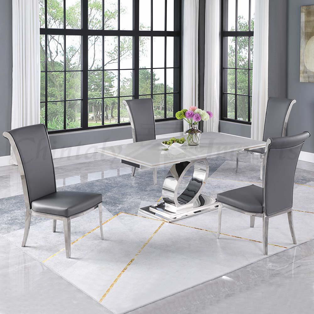 Modern Dining Set w/ Extendable Marble Table & Roll Back Chairs. Picture 1