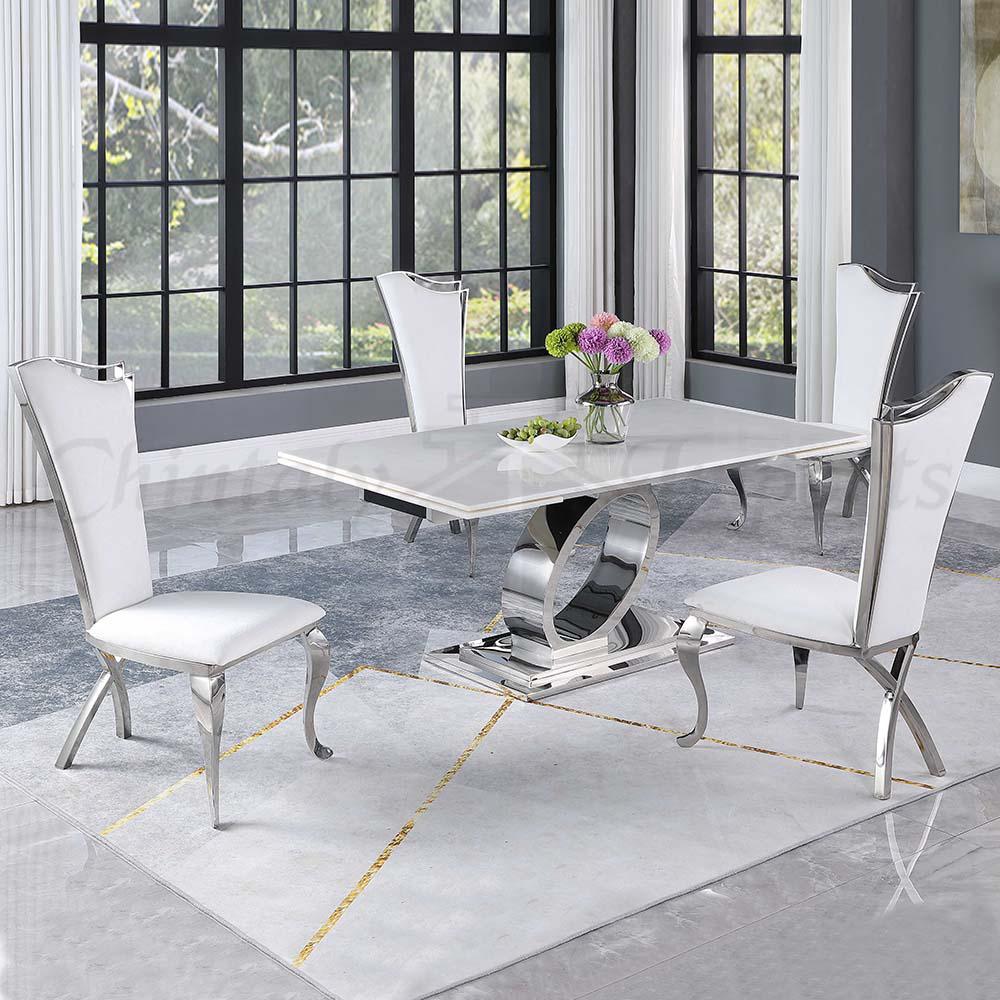 Modern Dining Set w/ Extendable Marble Top Table & Tall-Back Chairs. Picture 1