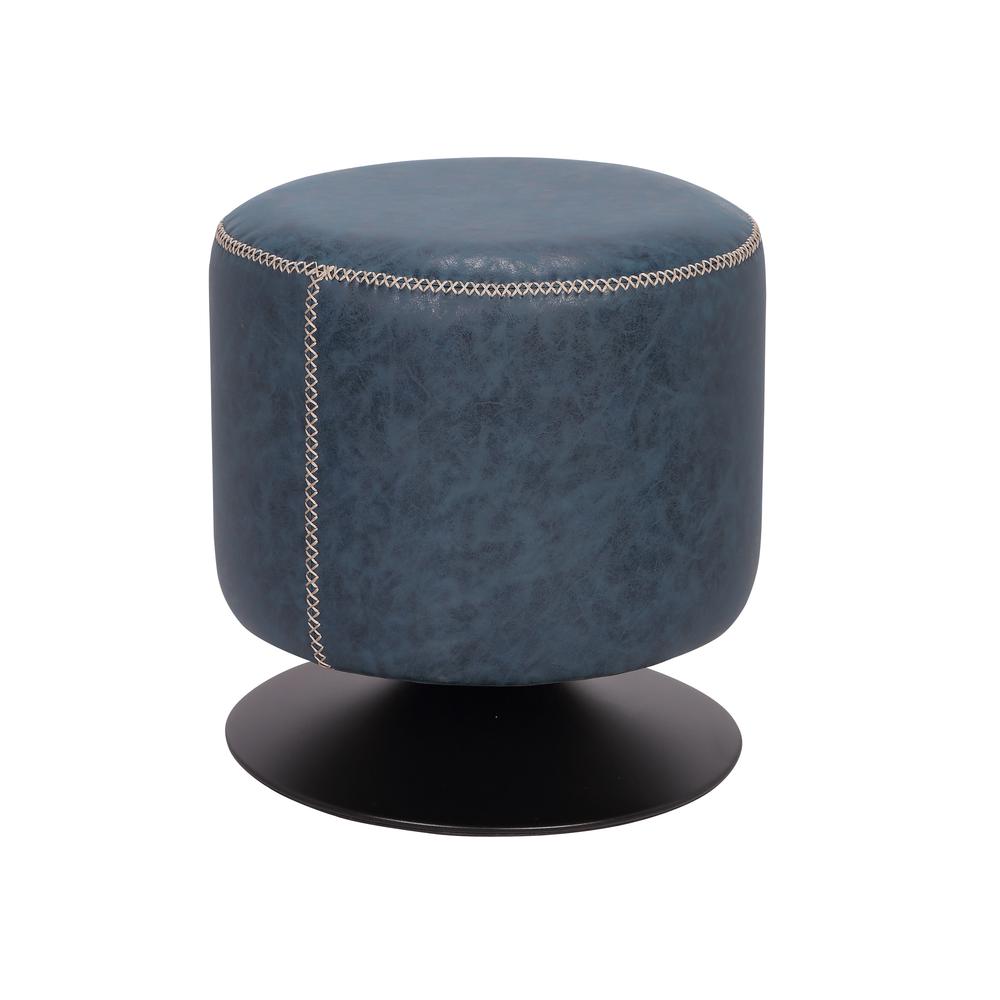 Round Vintage Upholstered Ottoman, Blue. Picture 1