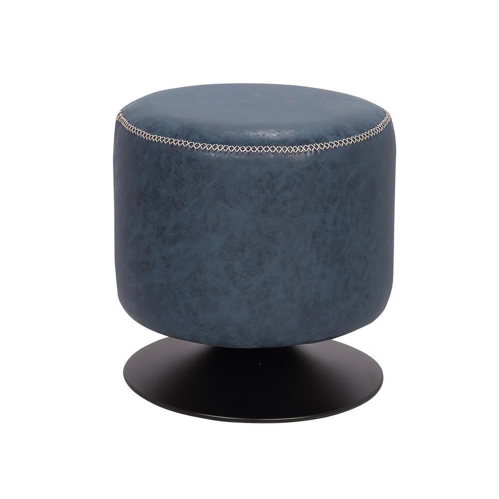 Round Vintage Upholstered Ottoman, Blue. Picture 4