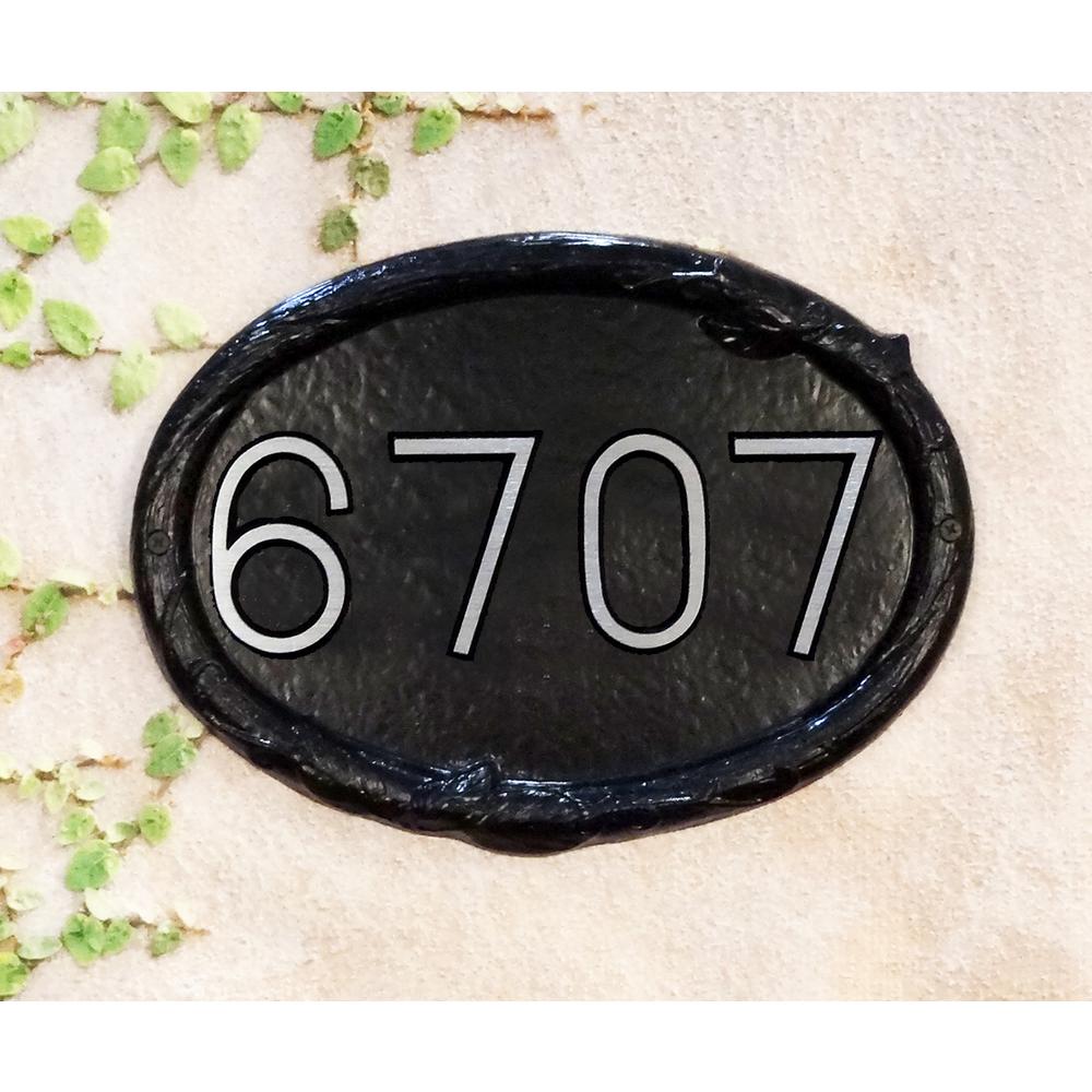 Floral Cast Aluminum Address Plaque with Brushed Aluminum Numbers - Times Font. Picture 1