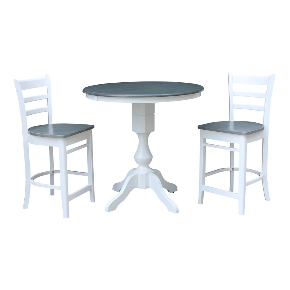 36" Round Extension Dining table with 2 Emily Counter Height Stools - 3 Piece Dining Set, White/Heather Gray. Picture 2