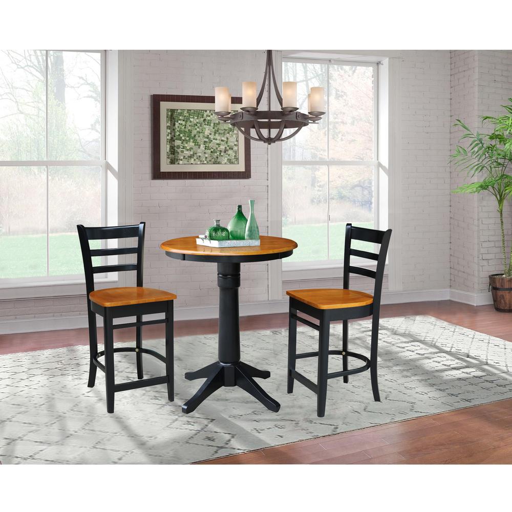 30" Round Pedestal Gathering Height Table with 2 Emily Counter Height Stools. Picture 1