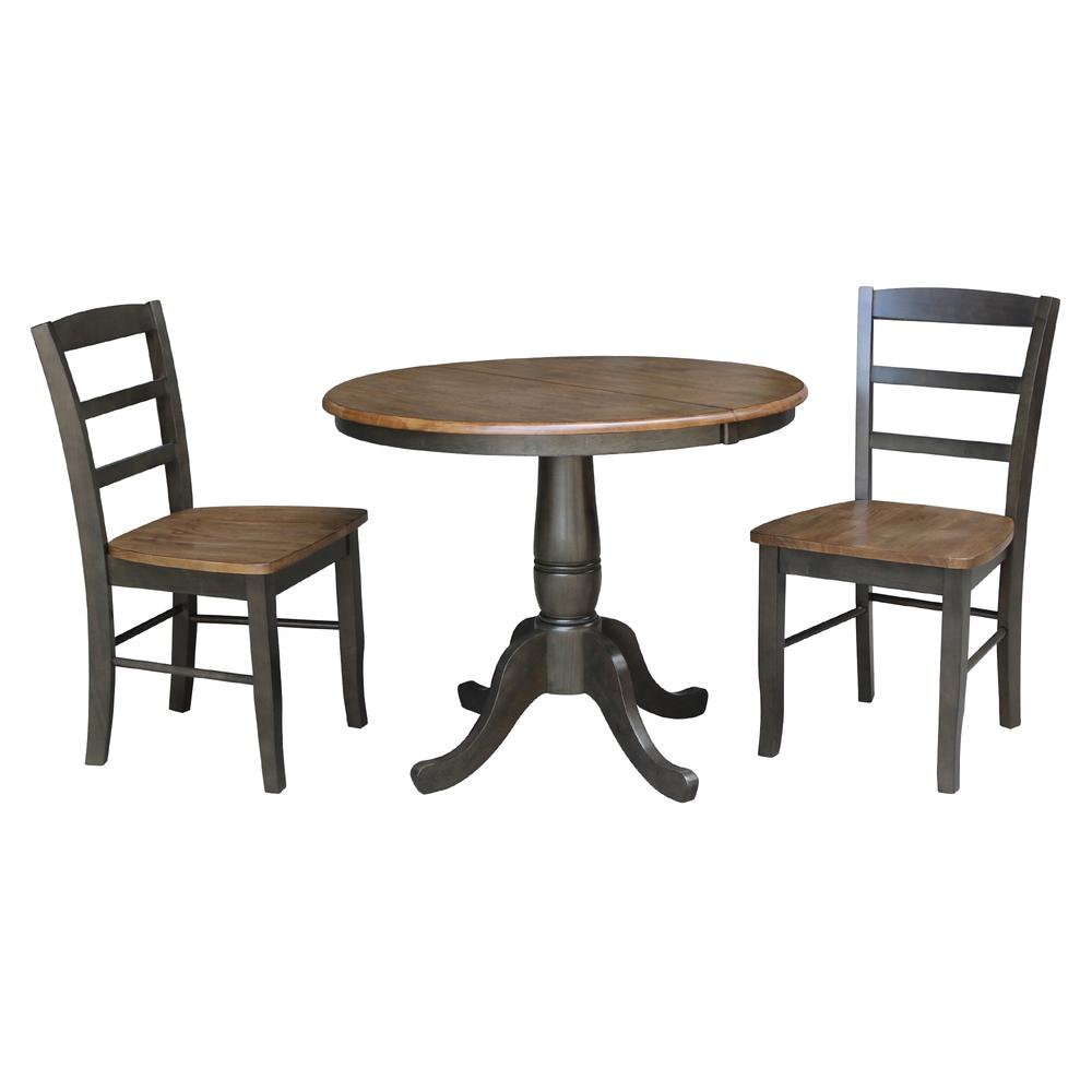 36" Round Extension Dining Table with Leaf and 2 Madrid Ladderback Chairs - 3 Piece Dining Set, Hickory/Washed coal. Picture 2