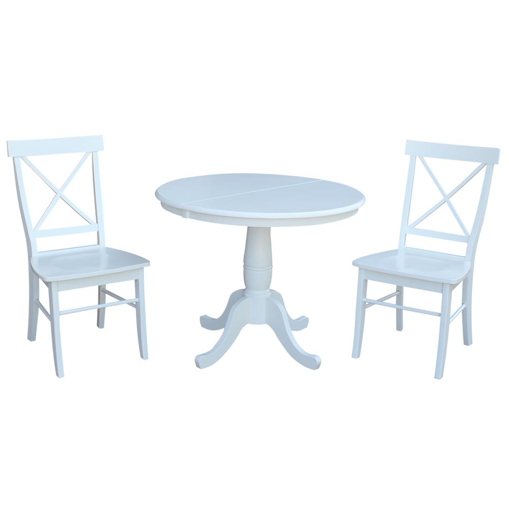 36" Round Extension Dining Table With 2 X-Back Chairs, White. Picture 1