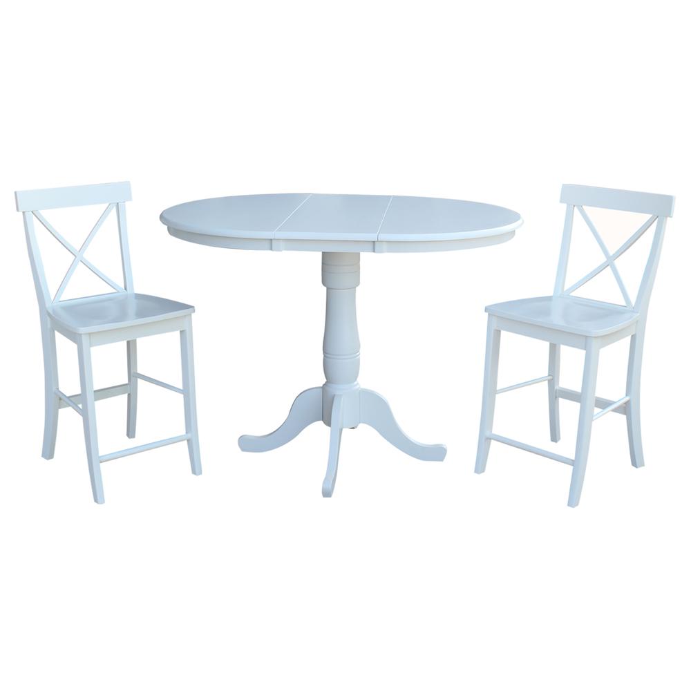 36" Round Extension Dining Table 36"H With 2 X-Back Counter height Stools, White. Picture 2