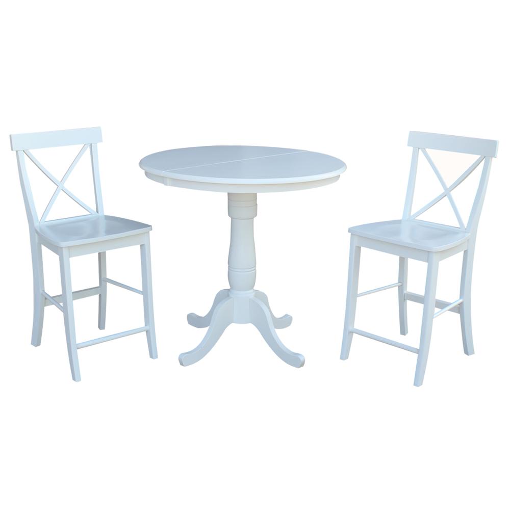 36" Round Extension Dining Table 36"H With 2 X-Back Counter height Stools, White. Picture 1
