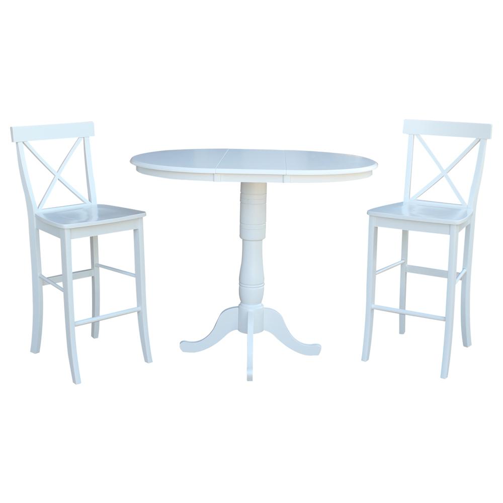 36" Round Extension Dining Table 40.9"H With 2 X-Back Bar height Stools, White. Picture 2