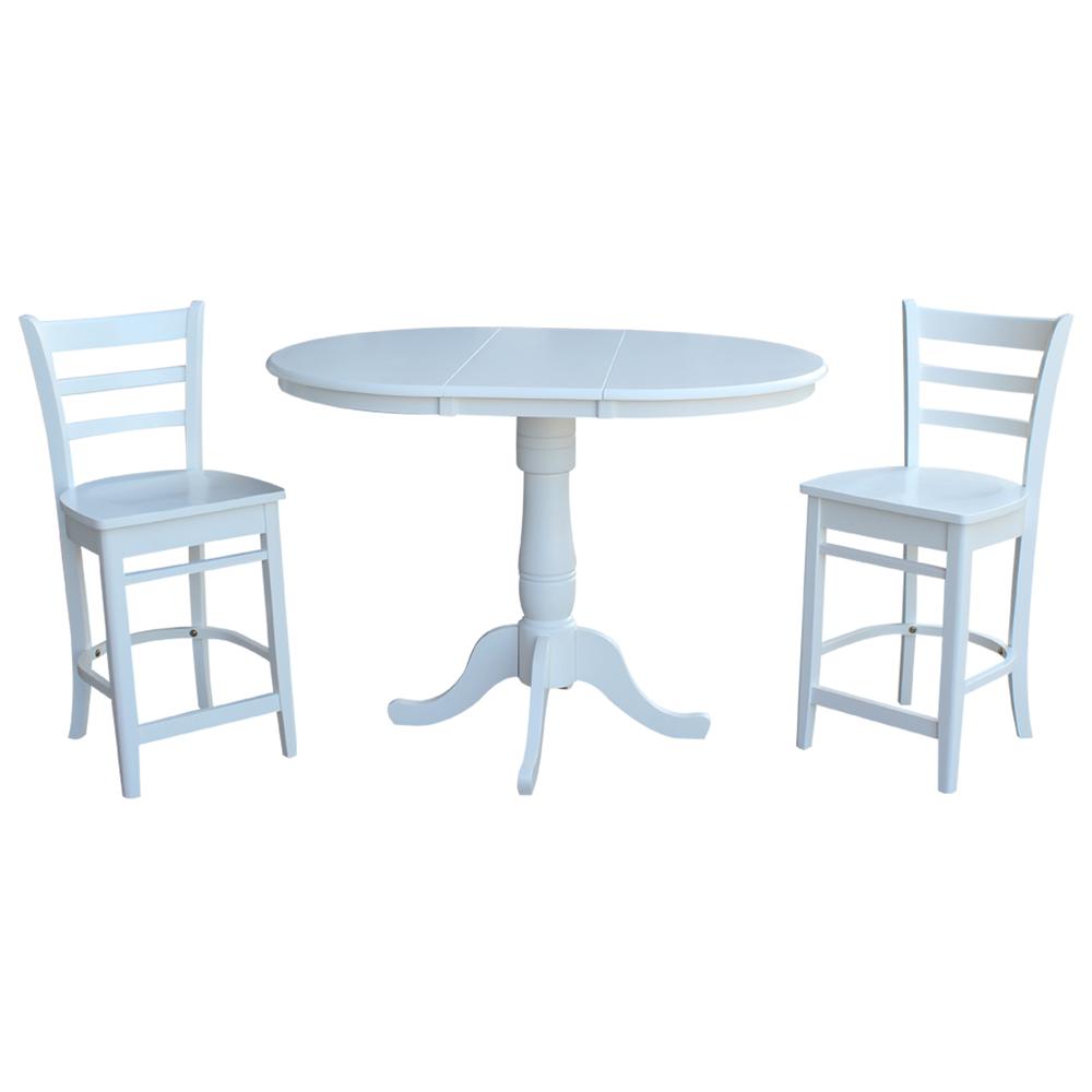 36" Round Extension Dining Table 34.9"H With 2 Emily Counter height Stools, White. Picture 2