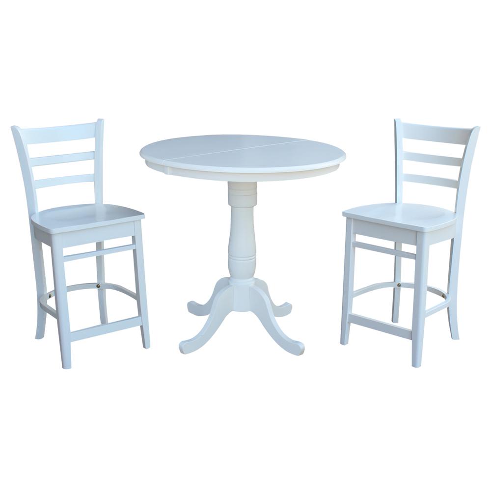 36" Round Extension Dining Table 34.9"H With 2 Emily Counter height Stools, White. The main picture.