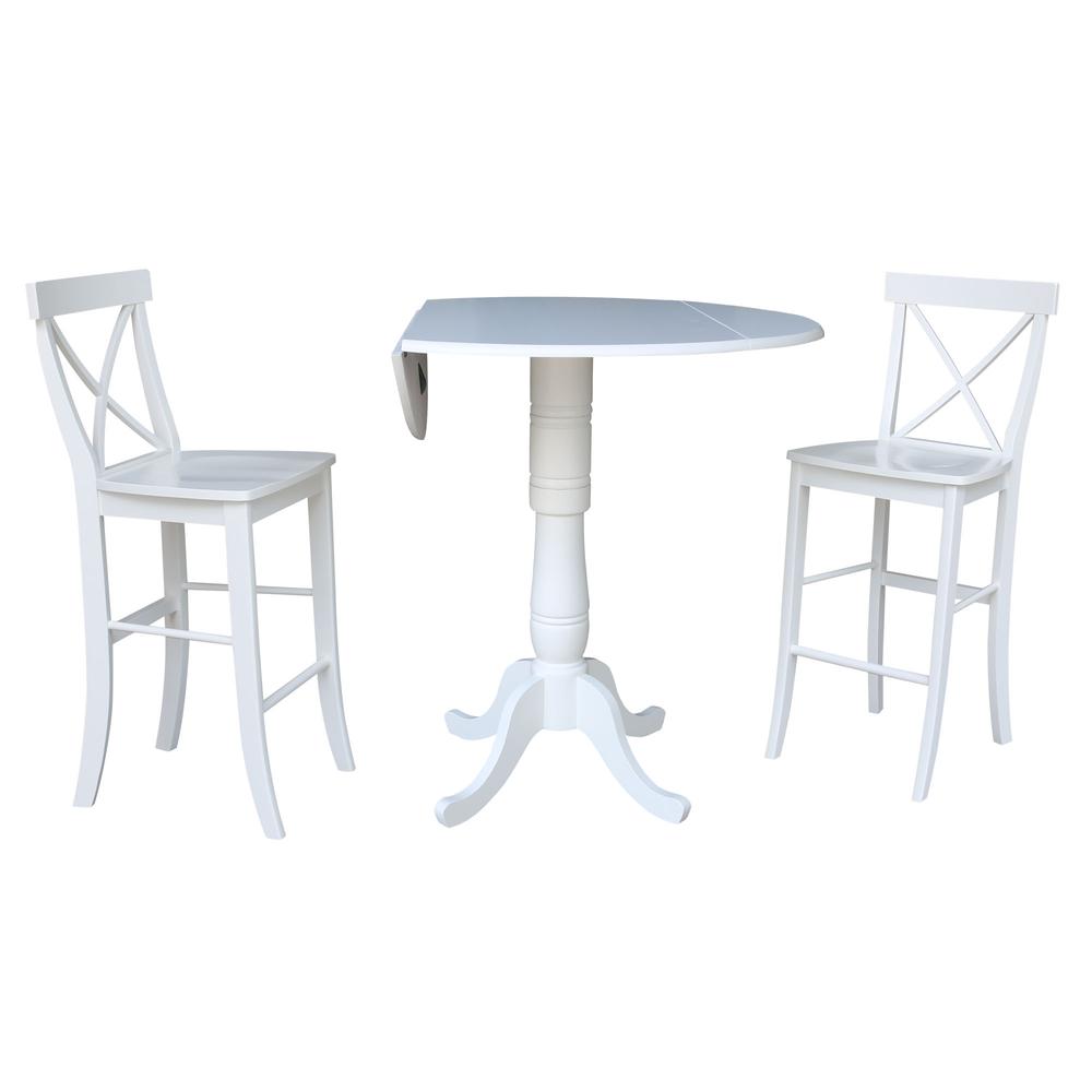 42 In Round Pedestal Bar Height Table with 2 Bar Height Stools, White. Picture 1