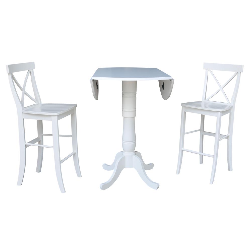 42 In Round Pedestal Bar Height Table with 2 Bar Height Stools, White. Picture 2