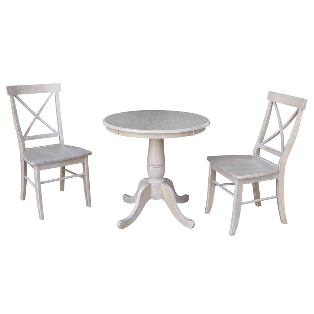 30" Round Top Pedestal Table - With 2 X-Back Chairs, Washed Gray Taupe. Picture 1