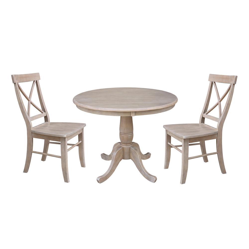 36" Round Top Pedestal Table with Two Chairs, Weathered Grey, Weathered Grey. Picture 1