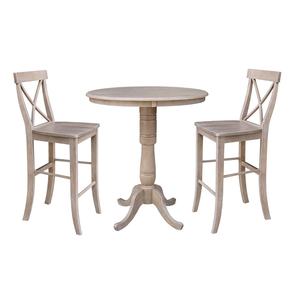 36" Round Pedestal Bar Height Table with Two Bar Height Stools, Weathered Grey. Picture 1