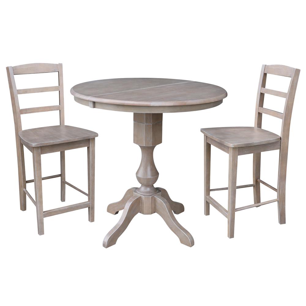 36" Round Top Pedestal Table With 12" Leaf - 34.9"H - Dining or Counter Height, Washed Gray Taupe. Picture 17