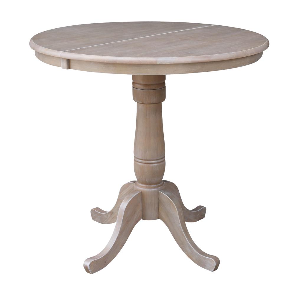 36" Round Top Pedestal Table With 12" Leaf - 34.9"H - Dining or Counter Height, Washed Gray Taupe. Picture 16