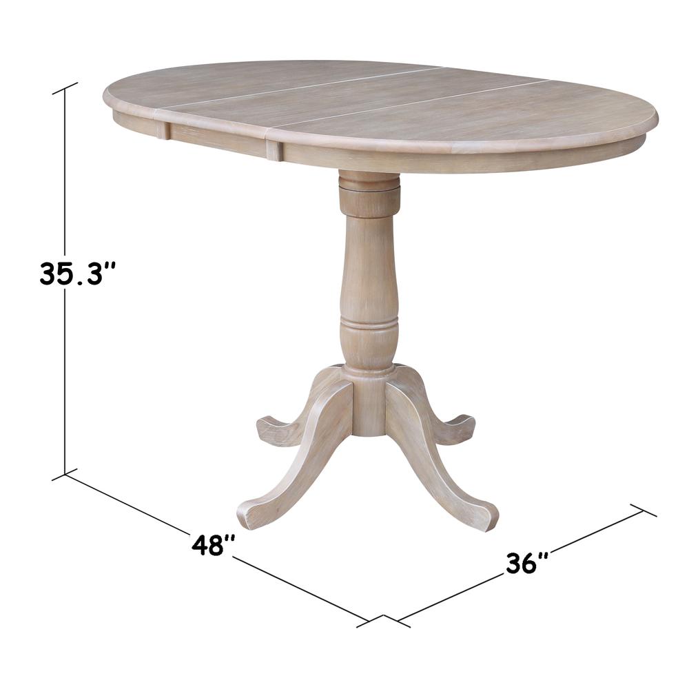 36" Round Top Pedestal Table With 12" Leaf - 34.9"H - Dining or Counter Height, Washed Gray Taupe. Picture 1