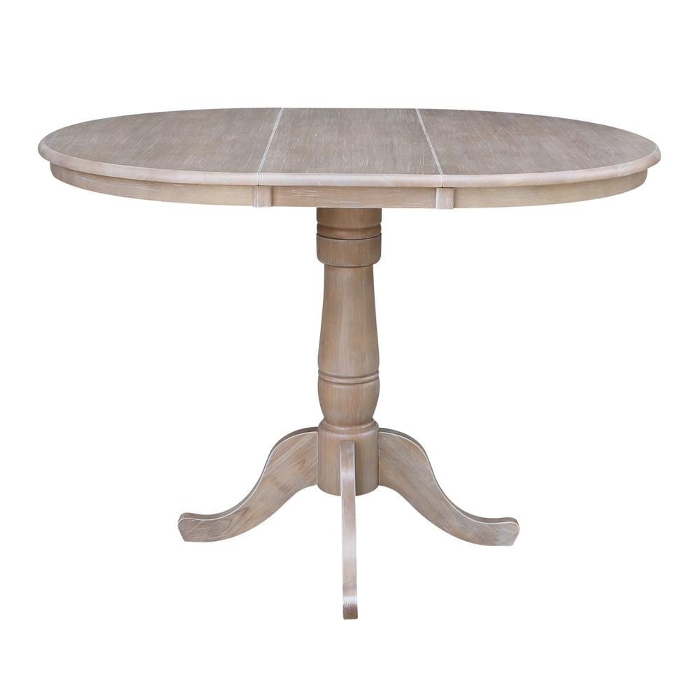 36" Round Top Pedestal Table With 12" Leaf - 34.9"H - Dining or Counter Height, Washed Gray Taupe. Picture 2