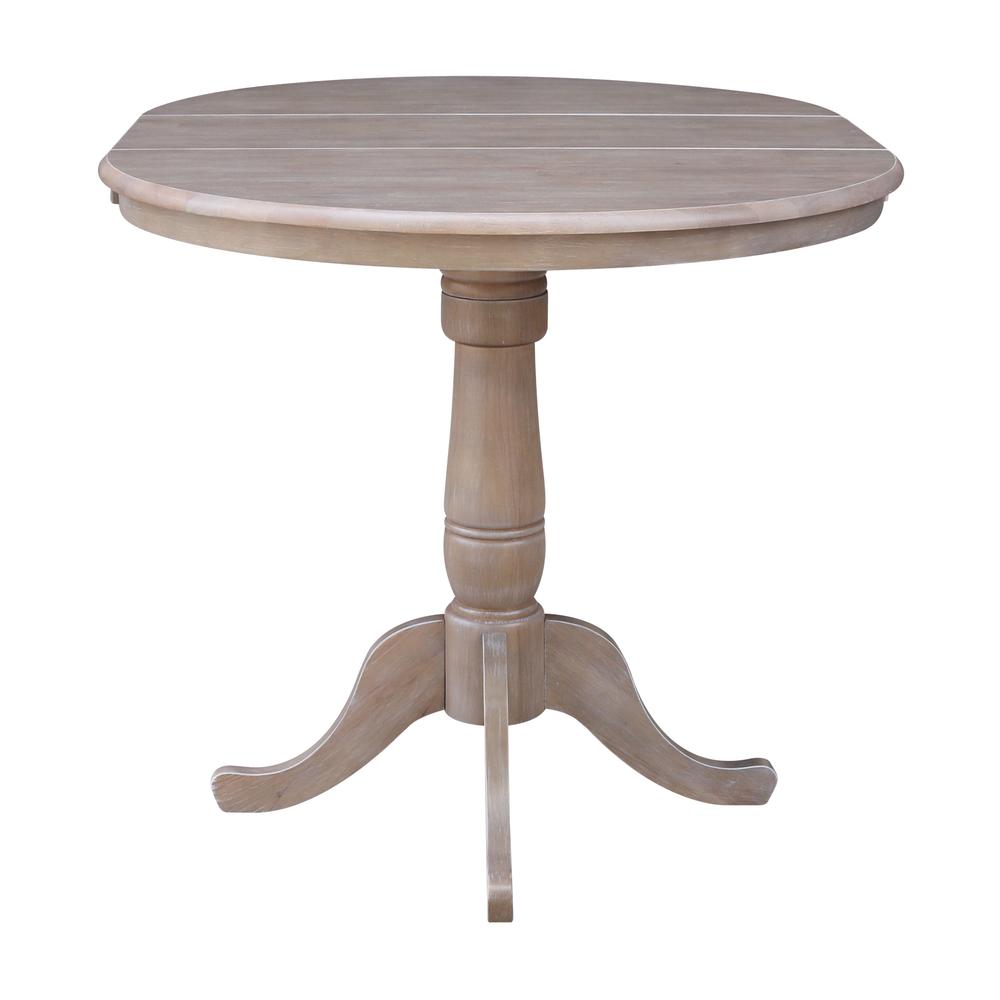 36" Round Top Pedestal Table With 12" Leaf - 34.9"H - Dining or Counter Height, Washed Gray Taupe. Picture 4