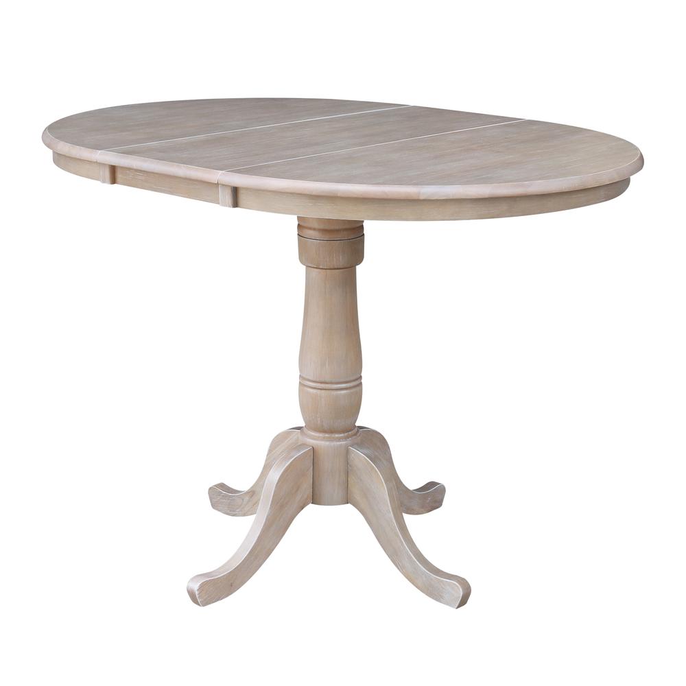 36" Round Top Pedestal Table With 12" Leaf - 34.9"H - Dining or Counter Height, Washed Gray Taupe. Picture 7