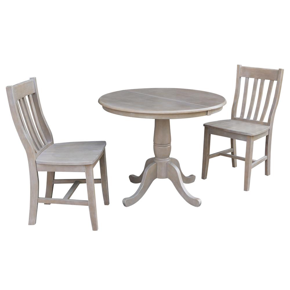 36" Round Extension Dining Table With 2 Cafe Chairs, Washed Gray Taupe. Picture 1