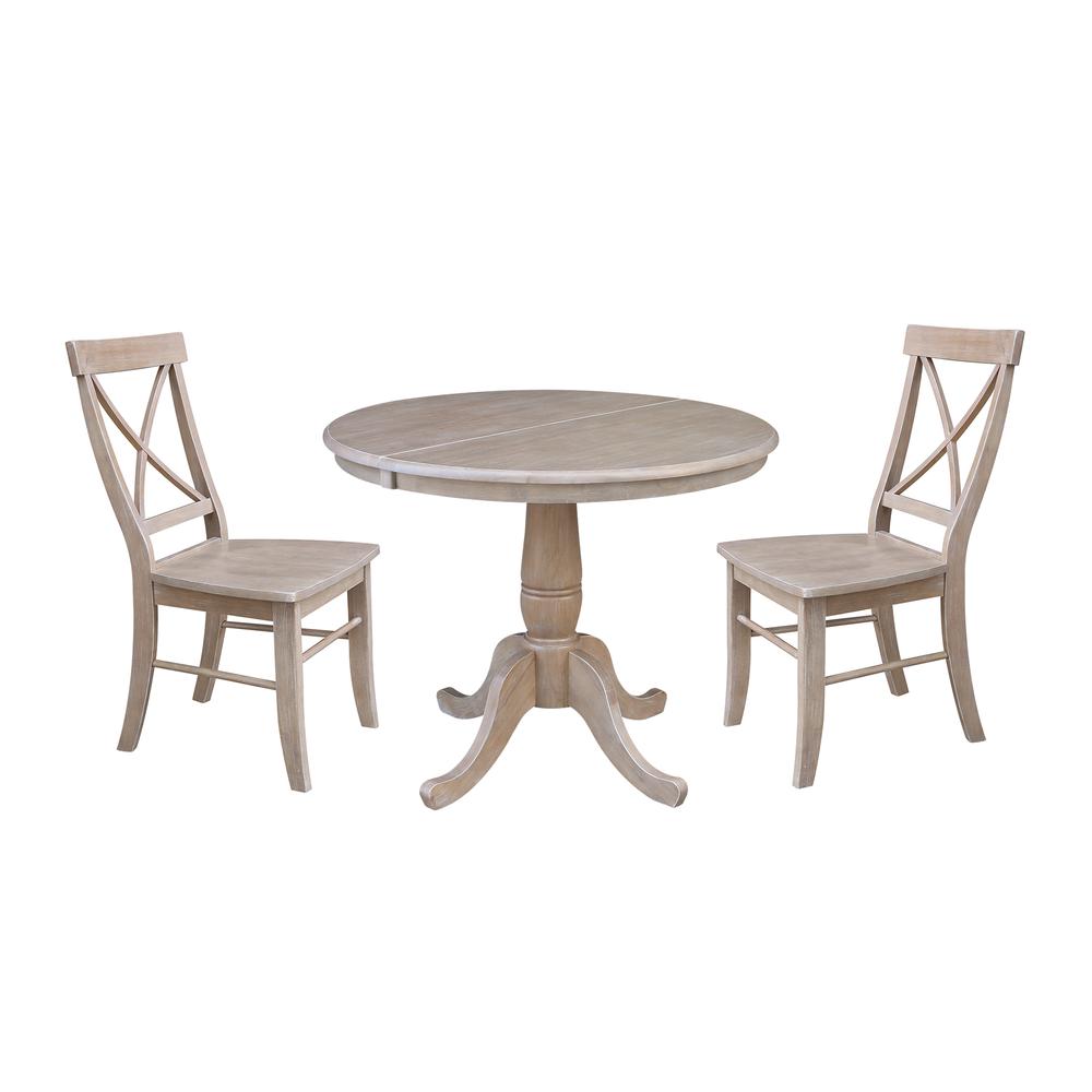 36" Round Extension Dining Table with Two Chairs, Washed Gray Taupe, Washed Gray Taupe. Picture 1