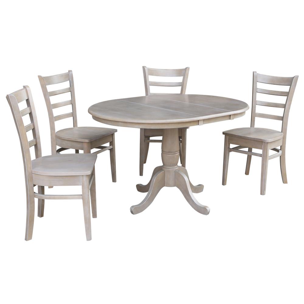 36" Round Extension Dining Table With 4 Emily Chairs, Washed Gray Taupe. Picture 1