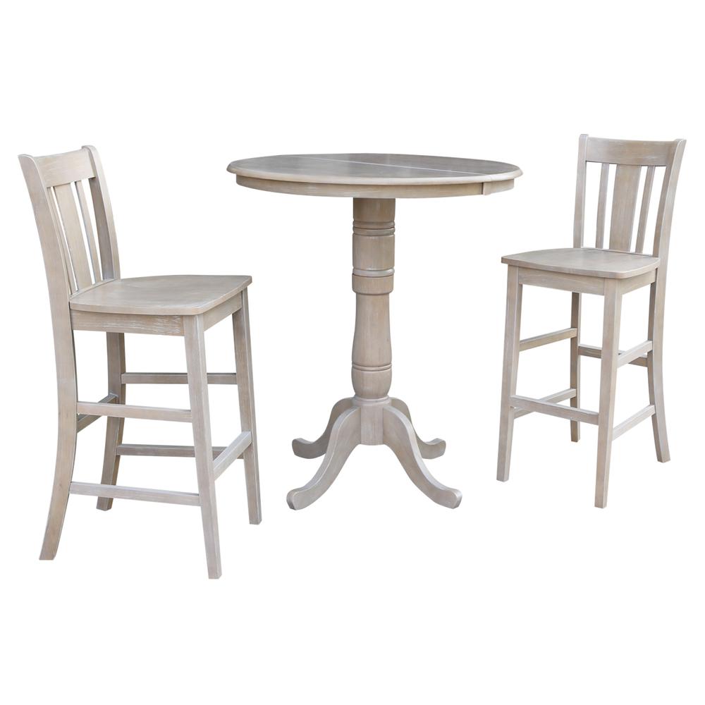 36" Round Extension Dining Table 40.9"H With 2 San Remo Bar height Stools, Washed Gray Taupe. Picture 1