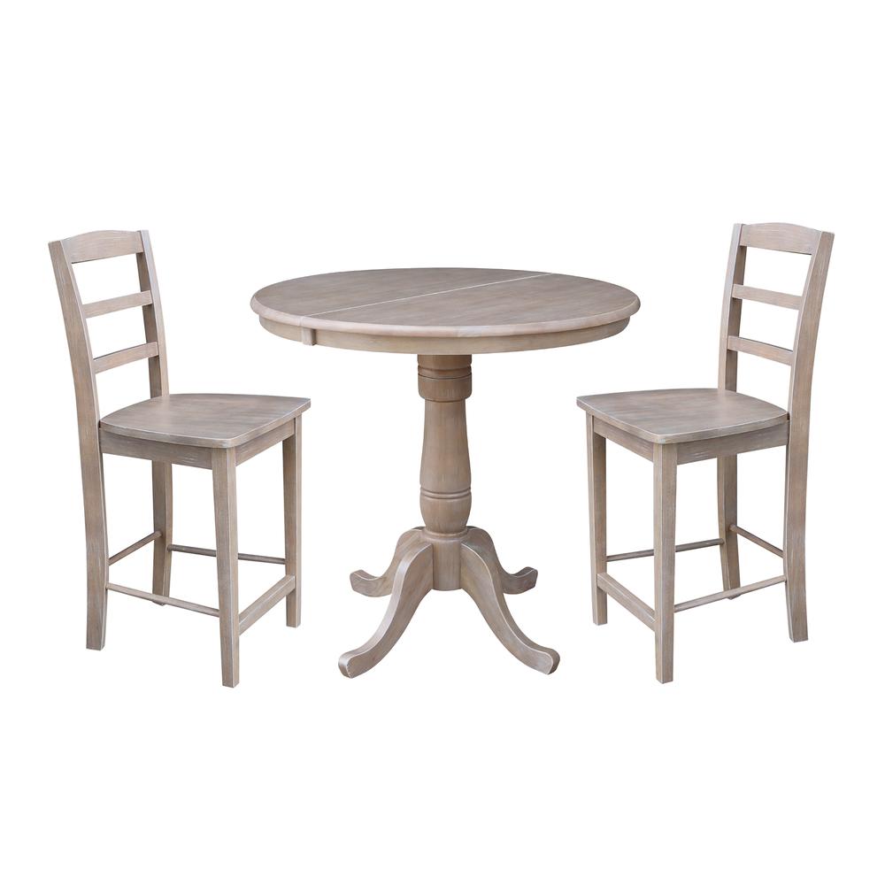 36" Round Extension Dining Table 34.9"H With 2 Madrid Counter height Stools, Washed Gray Taupe. Picture 1