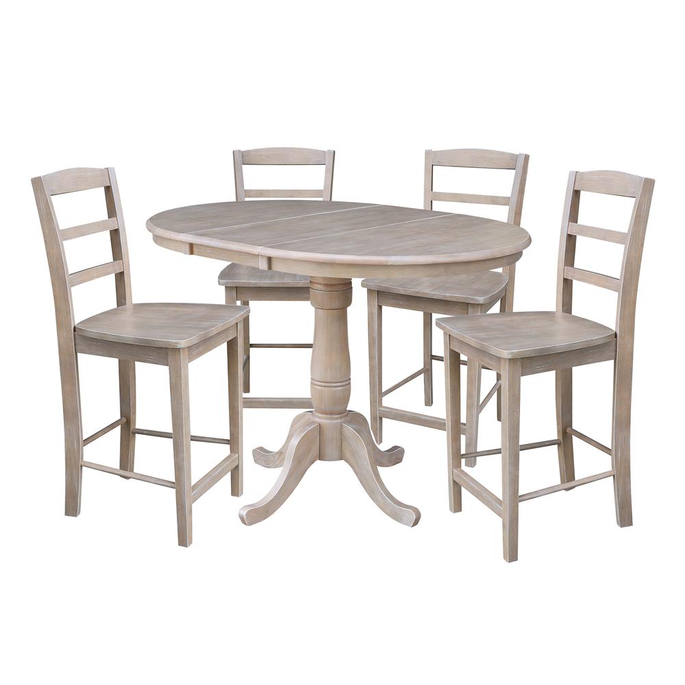 36" Round Extension Dining Table with Four Counter height Stools, Washed Gray Taupe, Washed Gray Taupe. Picture 1