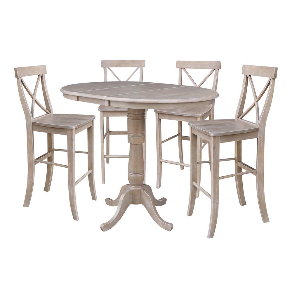 36" Round Extension Dining Table with Four Bar height Stools, Washed Gary Taupe, Washed Gray Taupe. Picture 1
