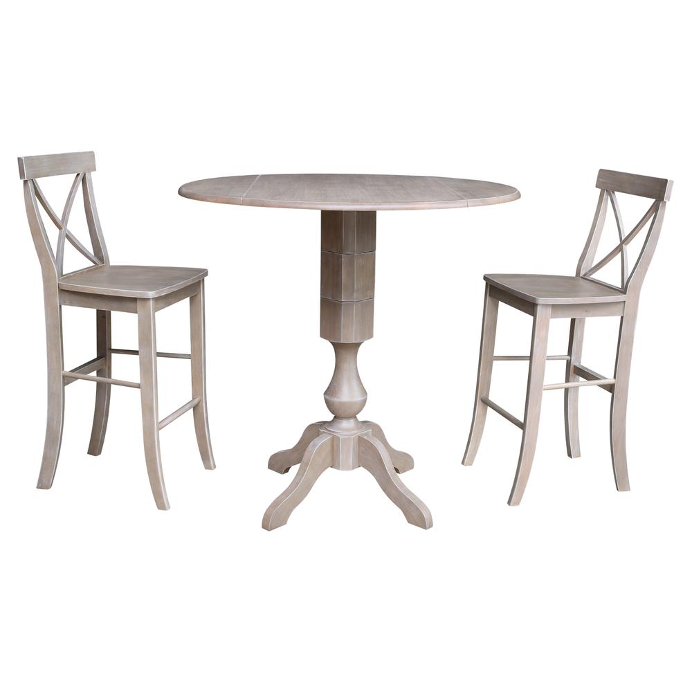 42" Round Pedestal Bar Height Table with 2 Bar Height Stools, Washed Gray Taupe. Picture 3