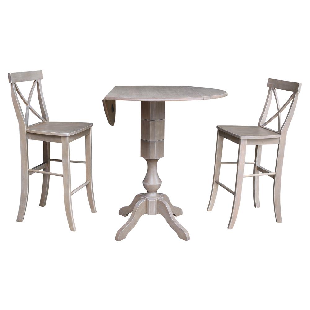 42" Round Pedestal Bar Height Table with 2 Bar Height Stools, Washed Gray Taupe. Picture 1