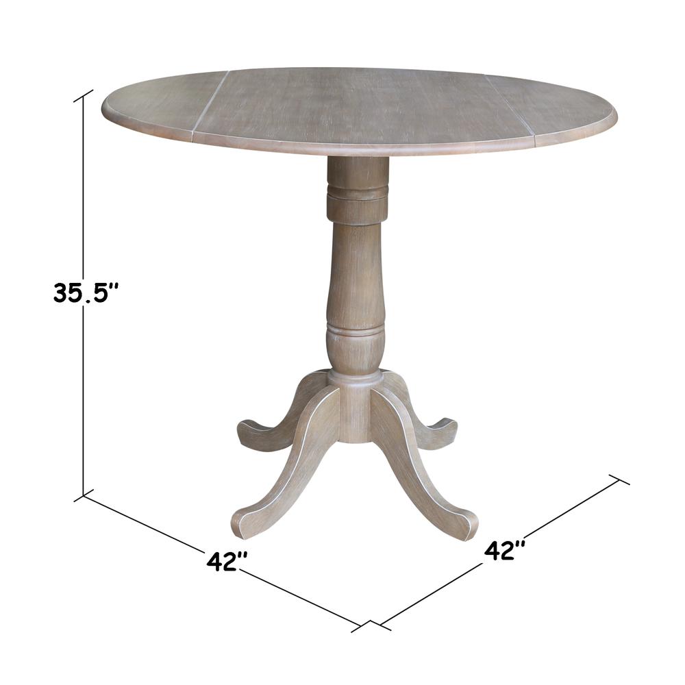 42" Round Dual Drop Leaf Pedestal Table - 35.5"H, Washed Gray Taupe. Picture 1