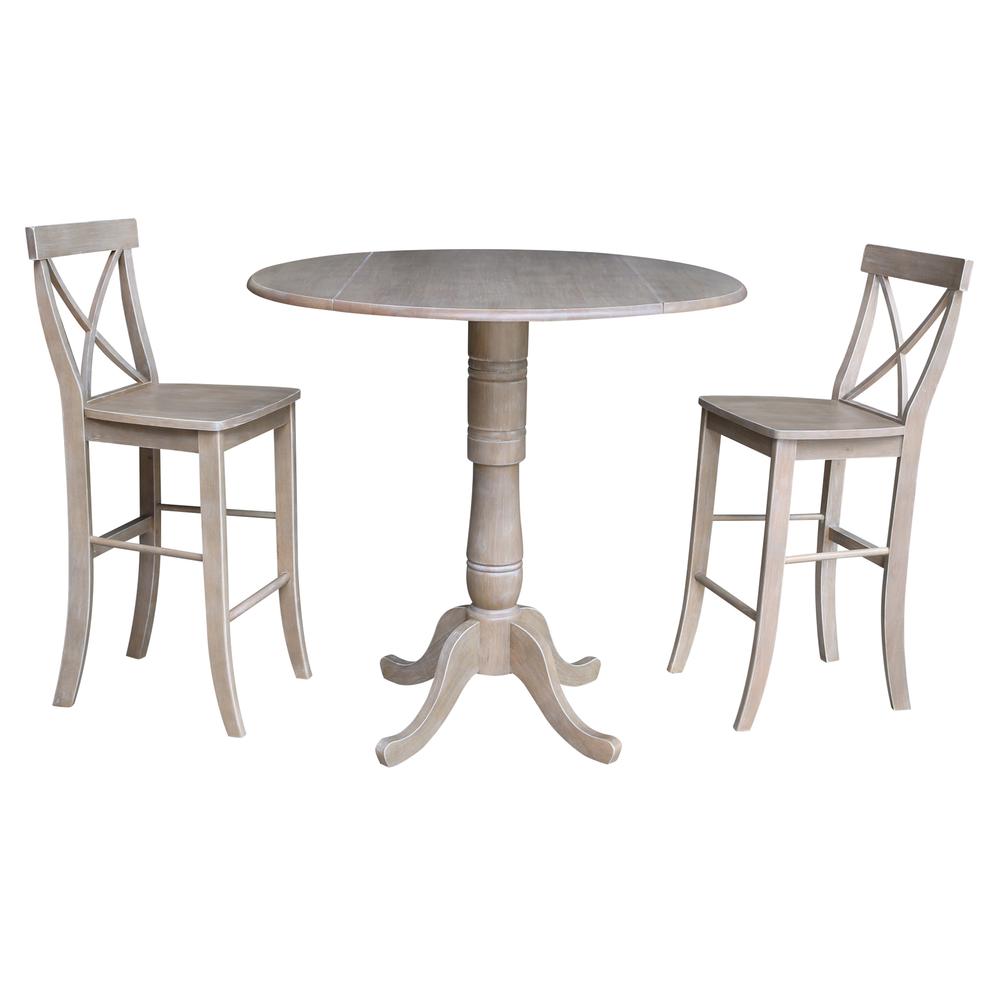 42" Round Pedestal Bar Height Table with 2 Bar Height Stools, Washed Gray Taupe. Picture 3