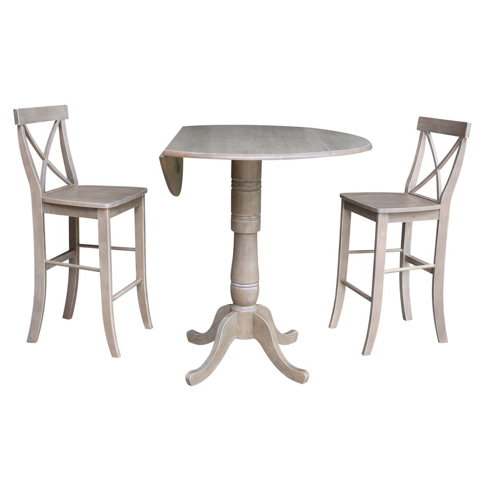 42" Round Pedestal Bar Height Table with 2 Bar Height Stools, Washed Gray Taupe. Picture 1