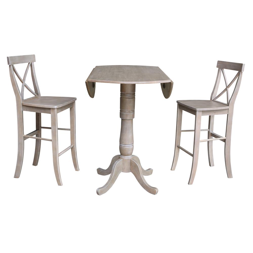 42" Round Pedestal Bar Height Table with 2 Bar Height Stools, Washed Gray Taupe. Picture 2