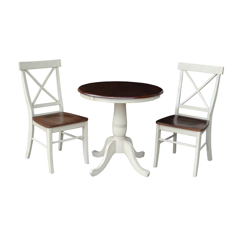 30" Round Pedestal Dining Table With 2 X-Back Chairs, Antiqued Almond/Espresso. Picture 1