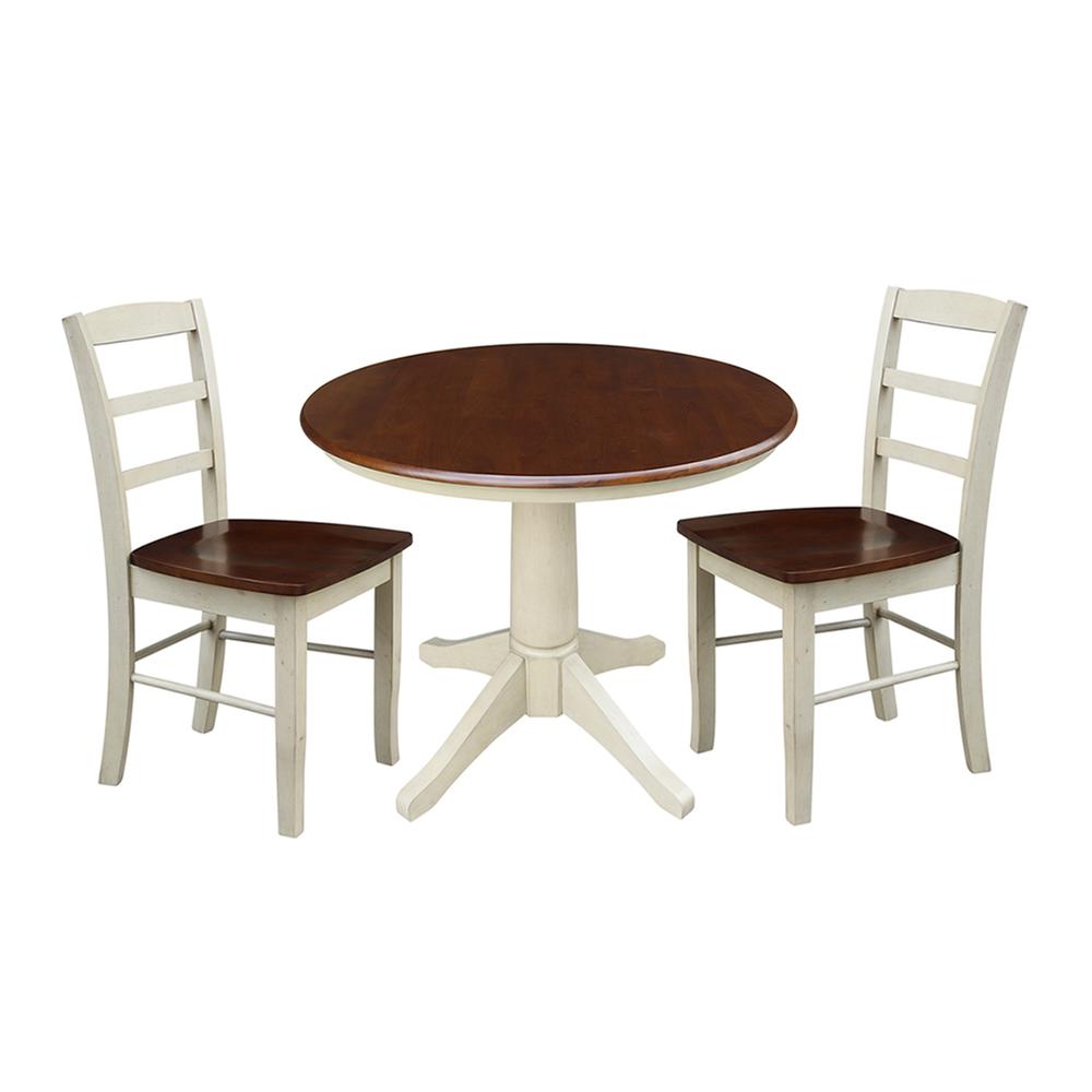 36" Round Top Pedestal Table - With 2 Madrid Chairs, Antiqued Almond/Espresso. Picture 1
