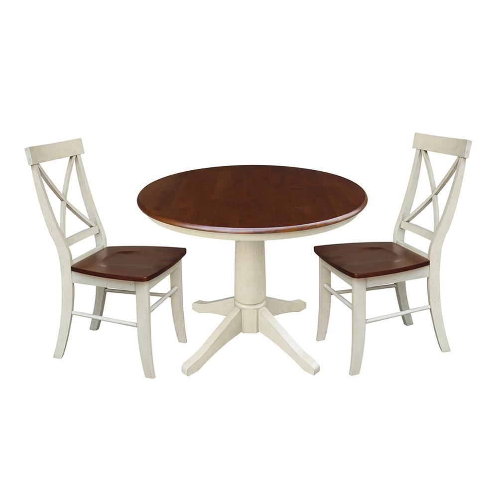 36" Round Top Pedestal Table - With 2 X-Back Chairs, Antiqued Almond/Espresso. Picture 1
