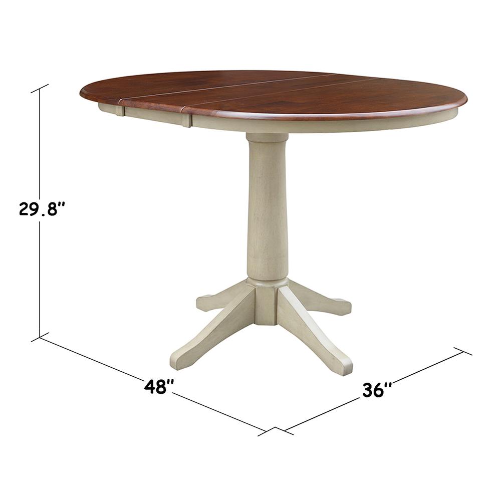 36" Round Top Pedestal Table With 12" Leaf - 28.9"H - Dining Height, Antiqued Almond/Espresso. Picture 1