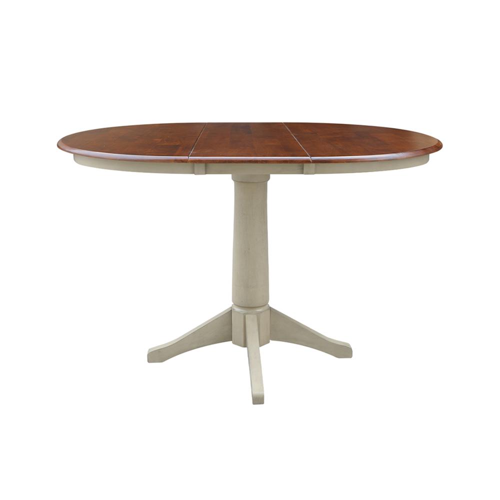 36" Round Top Pedestal Table With 12" Leaf - 28.9"H - Dining Height, Antiqued Almond/Espresso. Picture 2