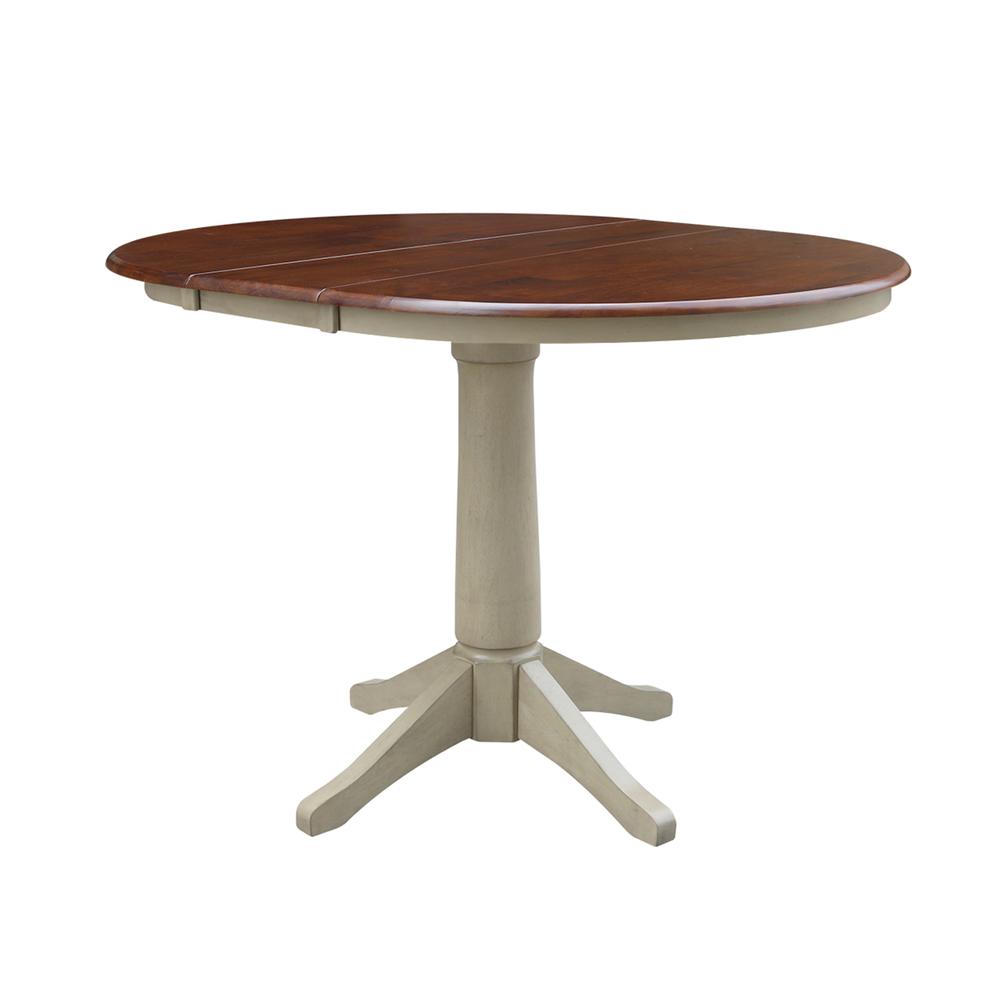36" Round Top Pedestal Table With 12" Leaf - 28.9"H - Dining Height, Antiqued Almond/Espresso. Picture 6