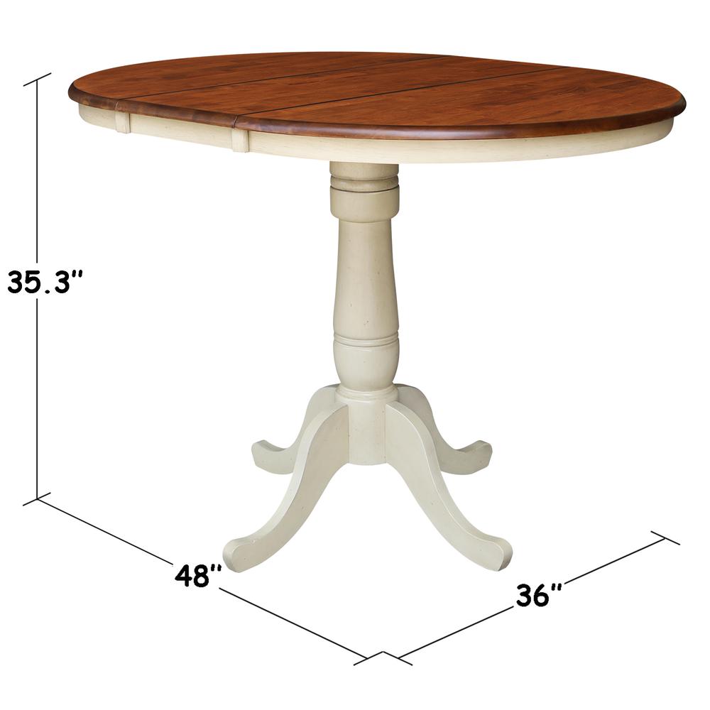 36" Round Top Pedestal Table With 12" Leaf - 34.9"H - Dining or Counter Height, Antiqued Almond/Espresso. Picture 1