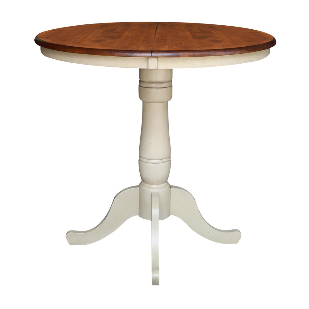 36" Round Top Pedestal Table With 12" Leaf - 34.9"H - Dining or Counter Height, Antiqued Almond/Espresso. Picture 3