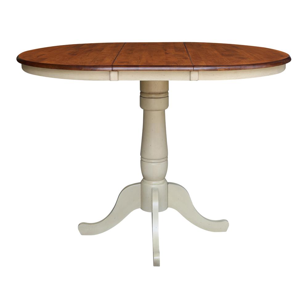 36" Round Top Pedestal Table With 12" Leaf - 34.9"H - Dining or Counter Height, Antiqued Almond/Espresso. Picture 2