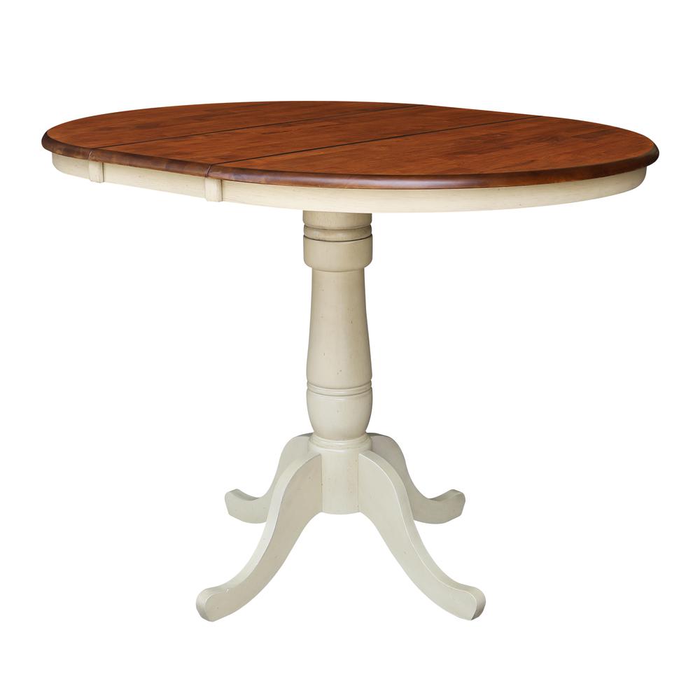 36" Round Top Pedestal Table With 12" Leaf - 34.9"H - Dining or Counter Height, Antiqued Almond/Espresso. Picture 7